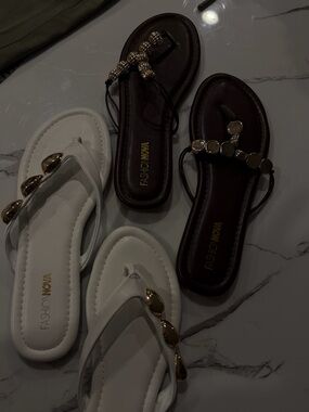 Fashion Nova Metallic Accent Flip Flop Sandals - White and Brown, Both Pairs $20